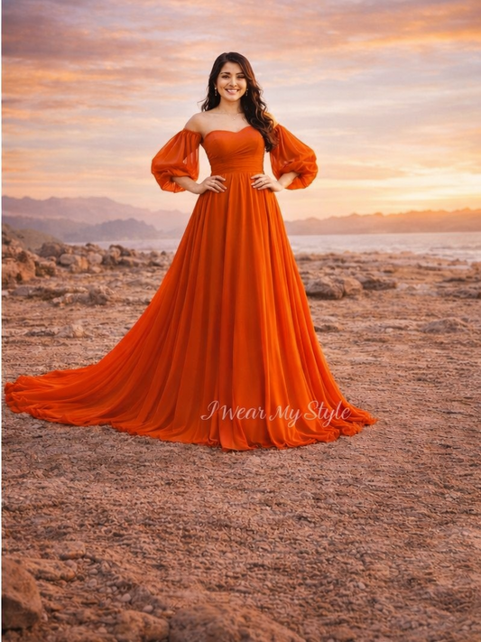 Orange Sweetheart Neckline Prewedding Trail Gown with Balloon Sleeves