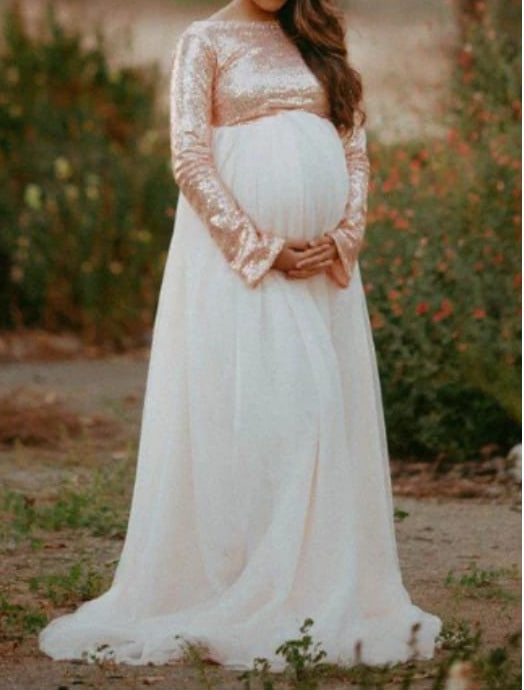 Champagne Sequins Boat Neck Flared Maternity Shoot Dress