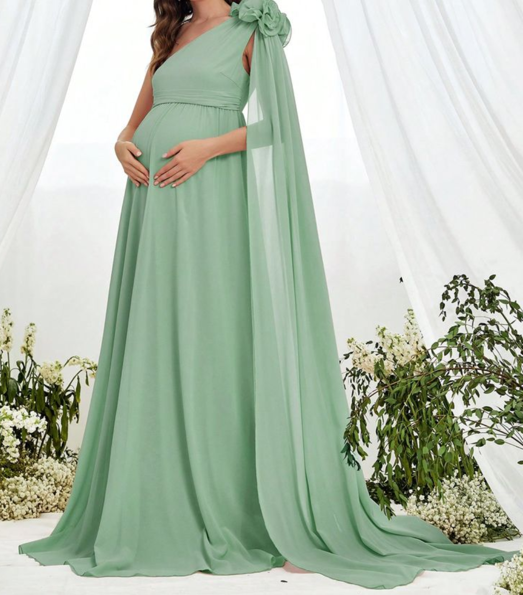 Pista Green One Shoulder Maternity Dress with Shoulder Flowers