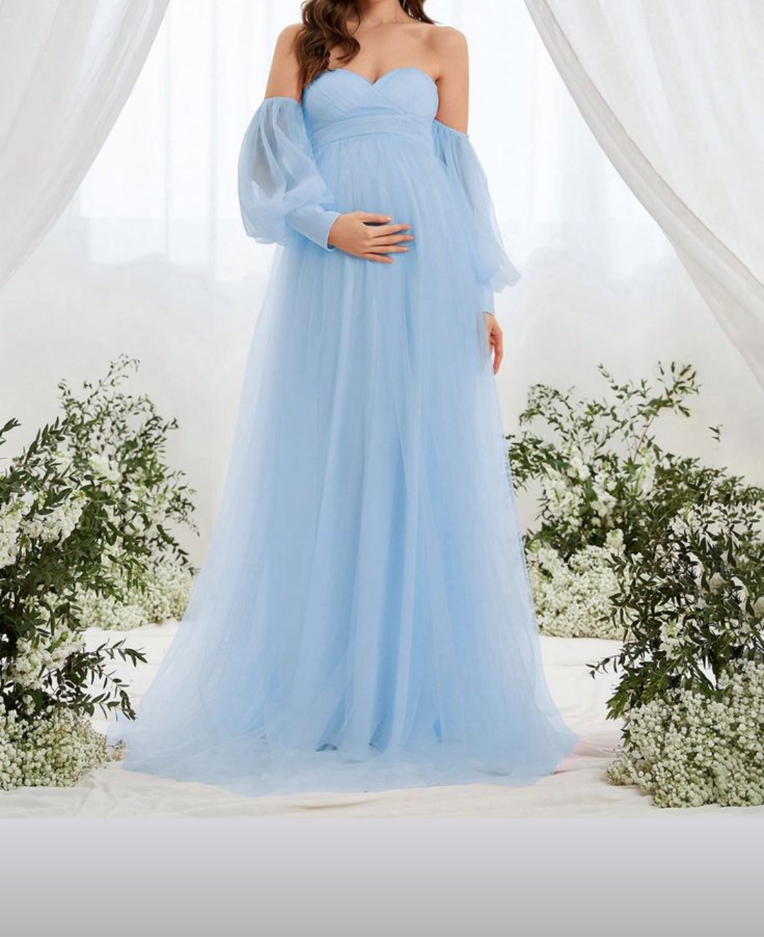 Sky Blue Net Sweetheart Neck Off Shoulder Maternity Dress