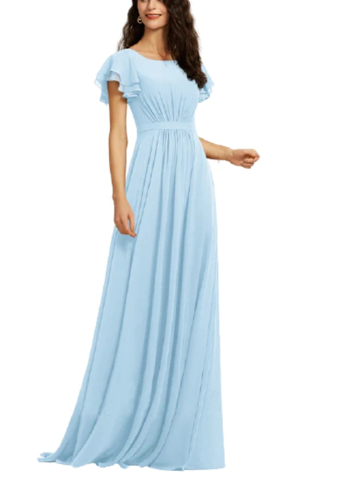 Sky Blue Bridesmaid Flutter Sleeves Maxi Dress
