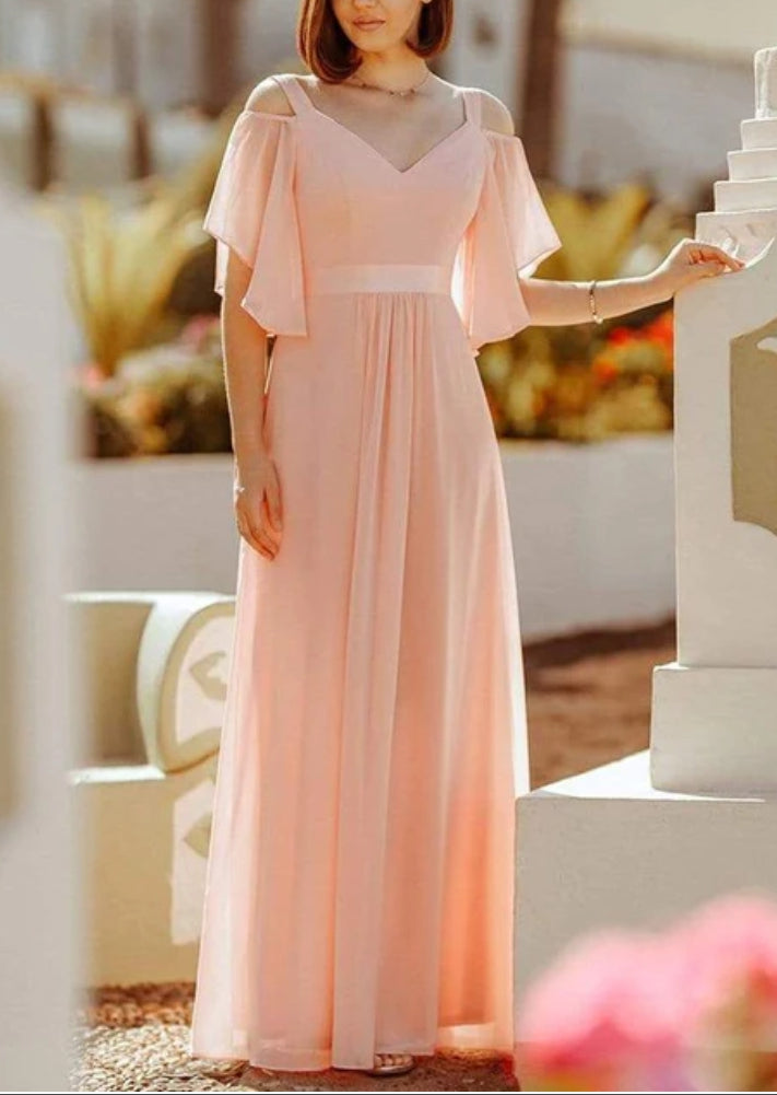 Peach Cold Shoulder Flutter Sleeves Dress - Main Image