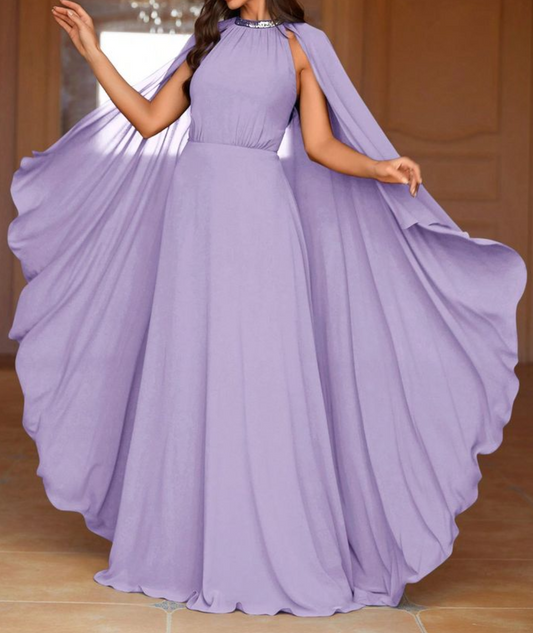 Lavender Cape Sleeves Prom Night Maxi Dress