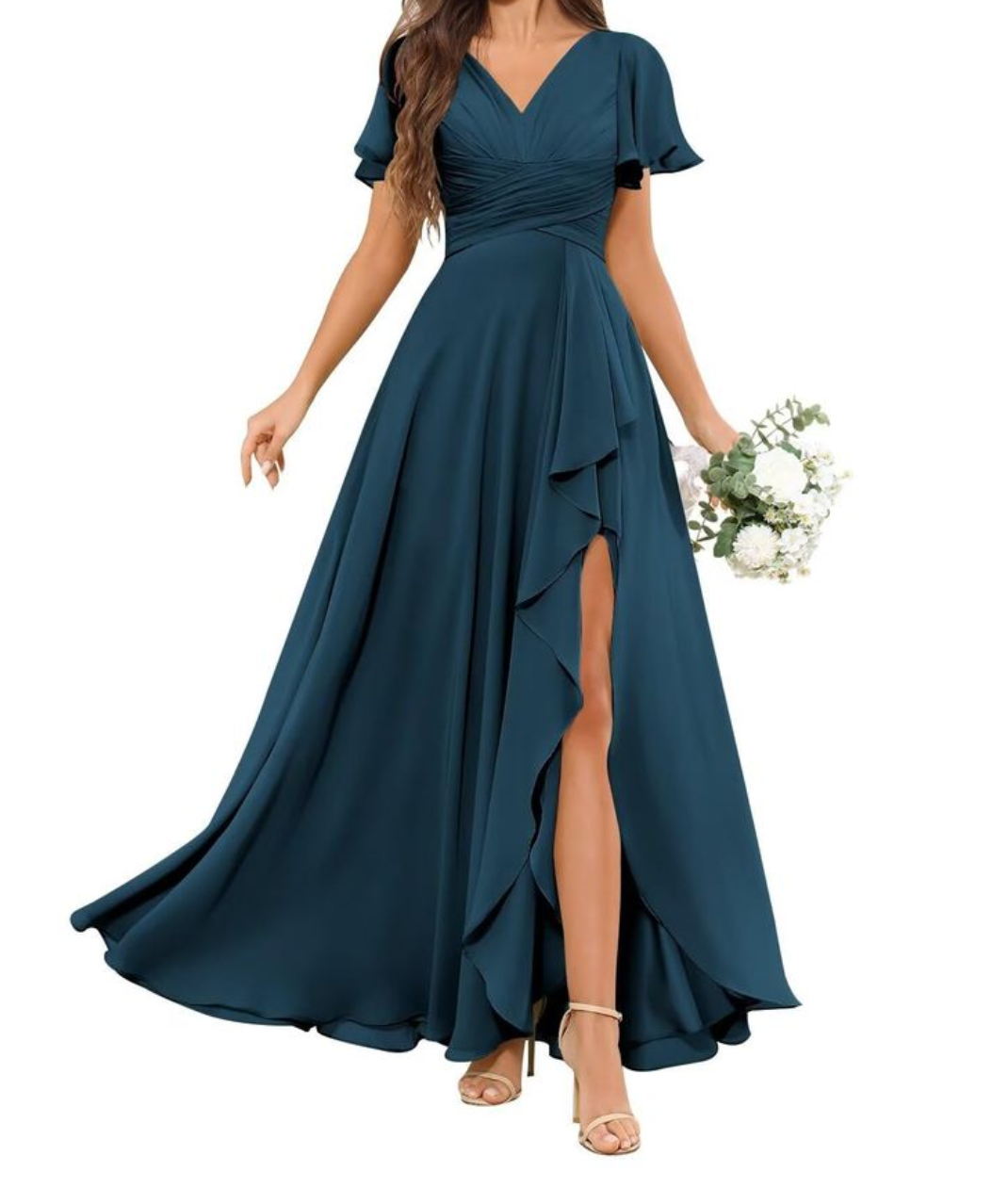 Teal V Neck Dress with flutter sleeves and Slit