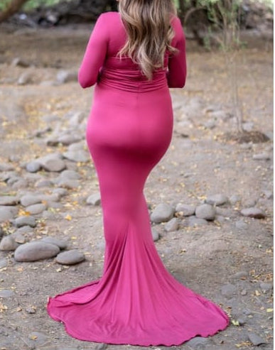 Magenta Pink Long Sleeve Maternity Photoshoot Gown