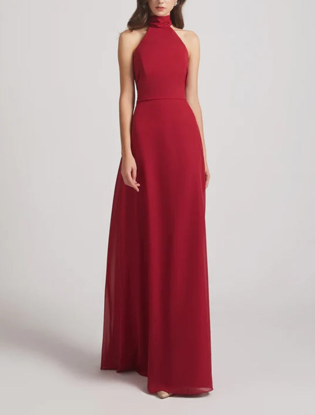 Maroon Red High Neck Halter Maxi Dress