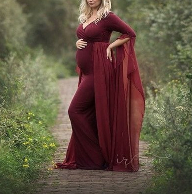 Maroon Lycra and Georgette Maternity Dress