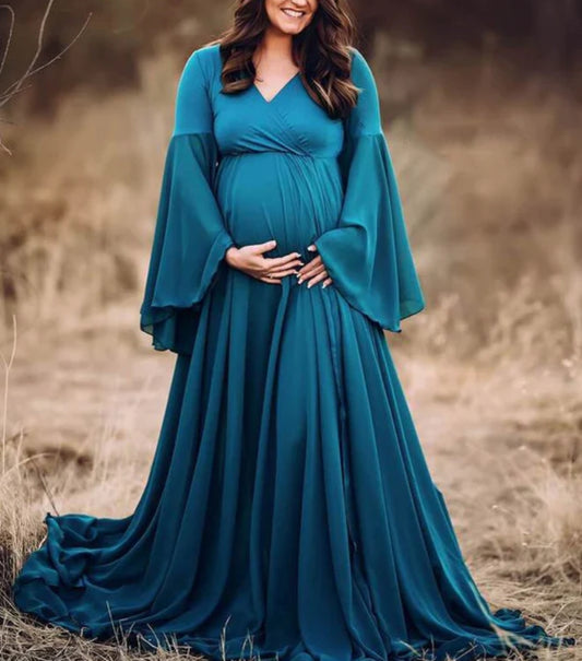 Teal Blue Maternity Dress with Umbrella Sleeves