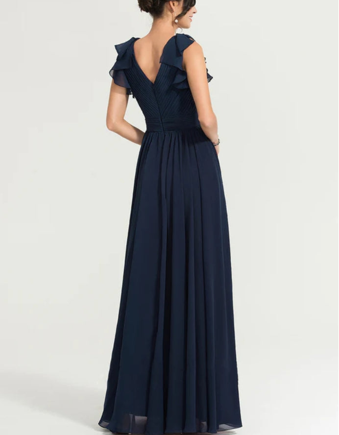 Navy Blue Frilled Sleeves Maxi Dress