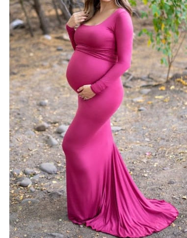 Magenta Pink Long Sleeve Maternity Photoshoot Gown