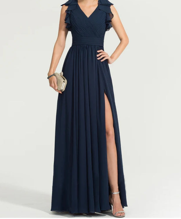 Navy Blue Frilled Sleeves Maxi Dress