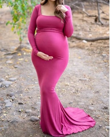 Magenta Pink Long Sleeve Maternity Photoshoot Gown
