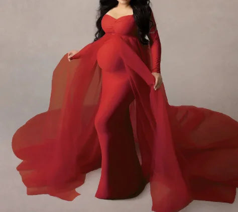 Cherry Red Lycra and Net Maternity Dress