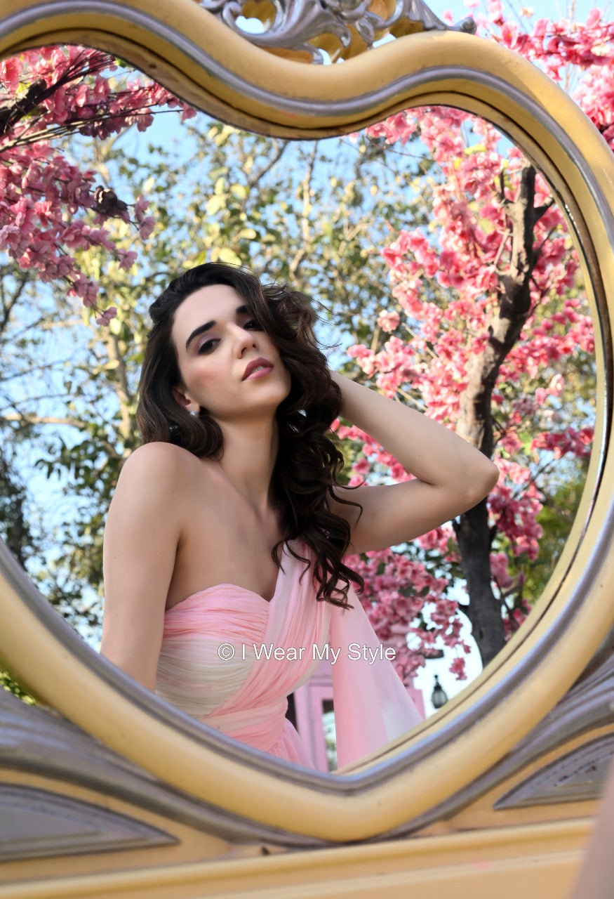 White and Pink Cherry Blossom Prewedding Trail Gown
