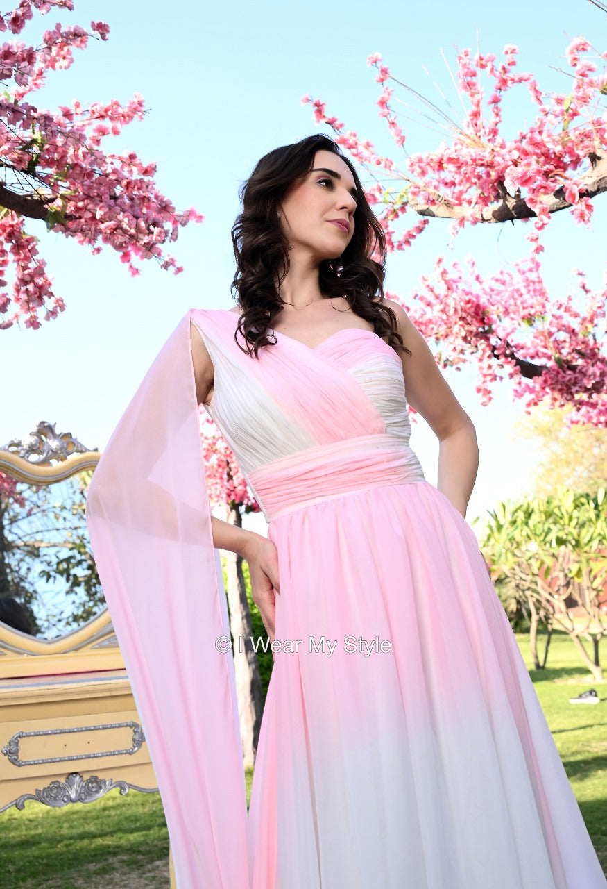 White and Pink Cherry Blossom Prewedding Trail Gown