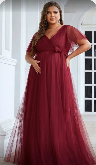 Maroon Net Maternity Dress with belt