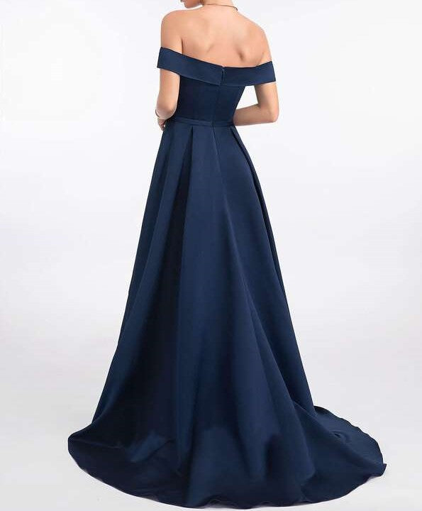 Navy Blue Off-the-Shoulder Satin Asymmetrical Dress