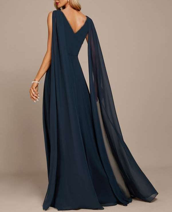 Dark Navy A-Line Floor-Length with cape sleeves