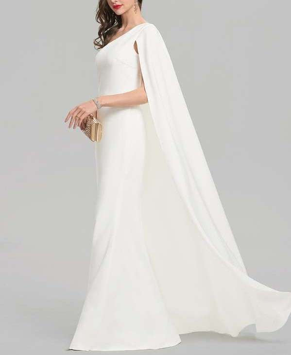 White Lycra and Georgette Shoulder Trail Occasion Wear Gown