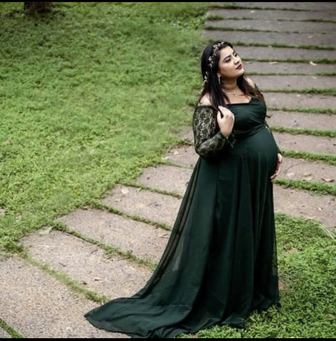 Bottle Green Full Sleeves Lace Maternity Gown