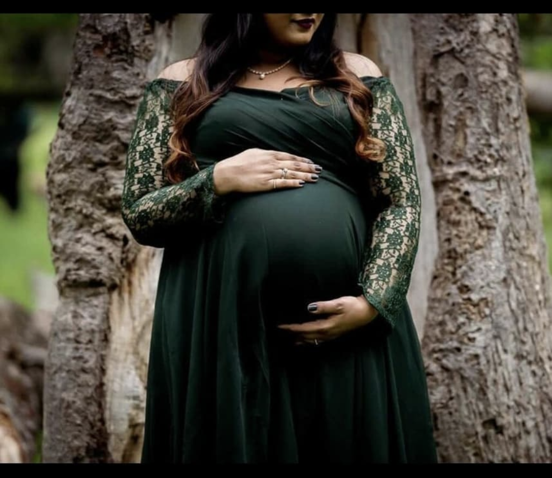 Bottle Green Full Sleeves Lace Maternity Gown