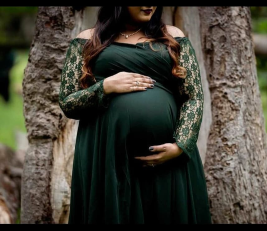 Bottle Green Full Sleeves Lace Maternity Gown
