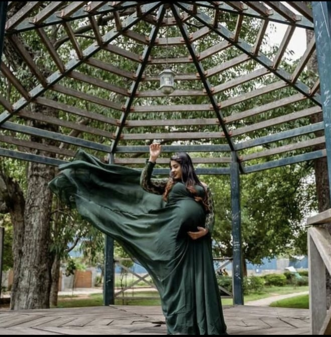 Bottle Green Full Sleeves Lace Maternity Gown