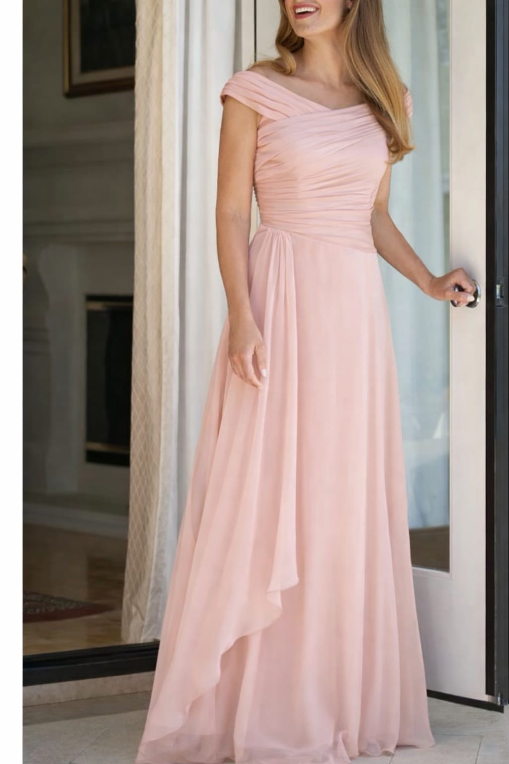 Peach Cross Drape Off Shoulder Maxi Dress