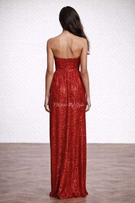 Red Sequins Sweetheart Neck Sequins Party Wear Maxi Dress