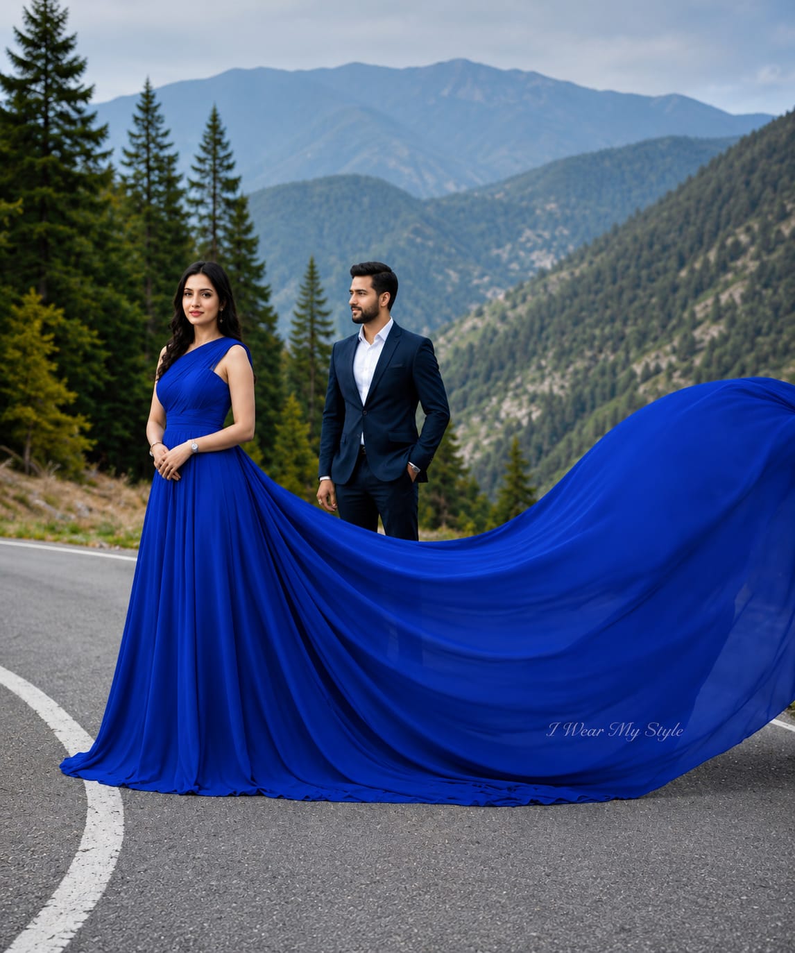 Royal Blue One-Shoulder Georgette Pre-wedding gown