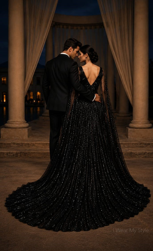 Black Glitter Cape Sleeve Pre wedding Ball Gown
