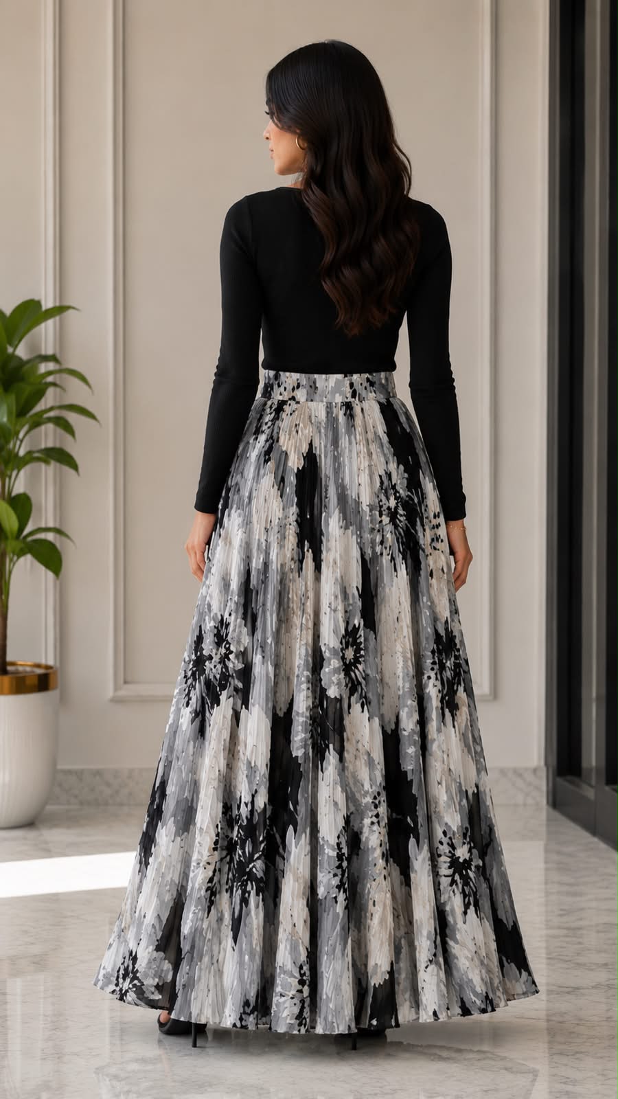 Monochrome Bloom Pleated Maxi Skirt