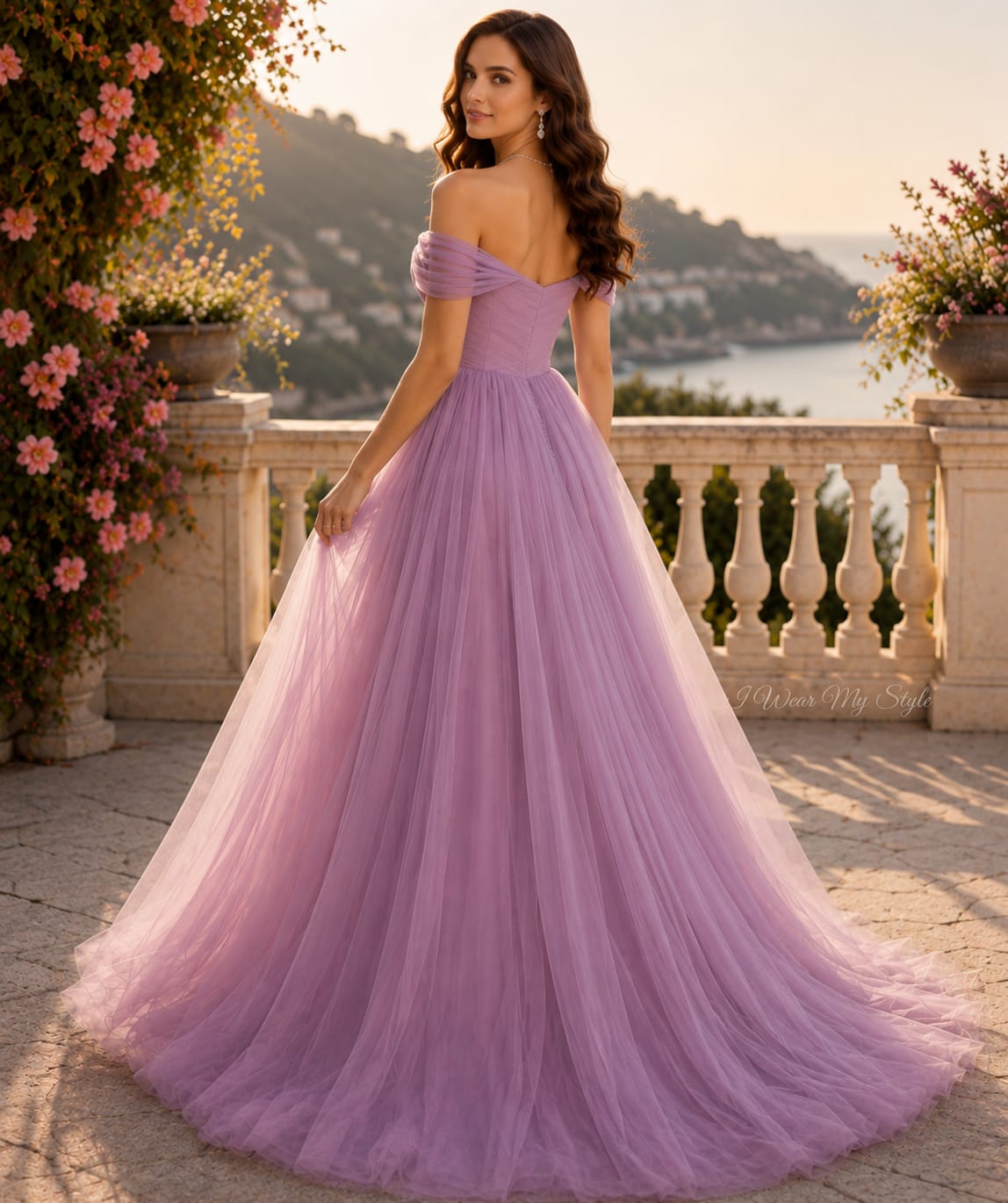 Dusty Mauve Off-Shoulder Tulle Ball Pre-wedding Gown