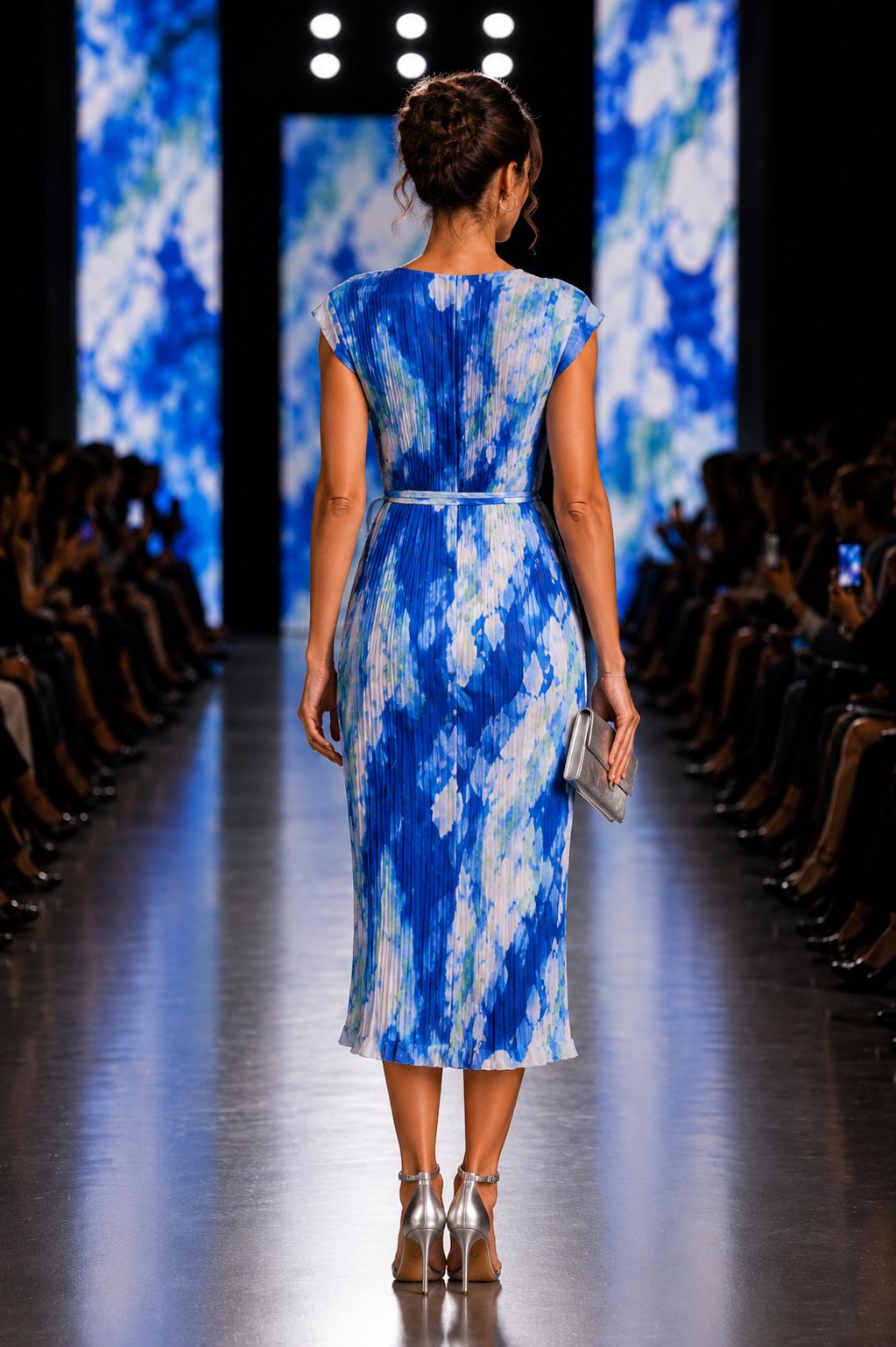 Azure Bloom Pleated Midi Dress