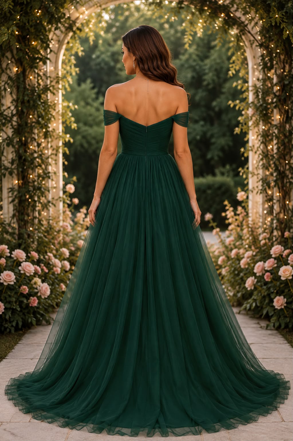 Emerald Green Off- Shoulder-Tulle Evening Gown