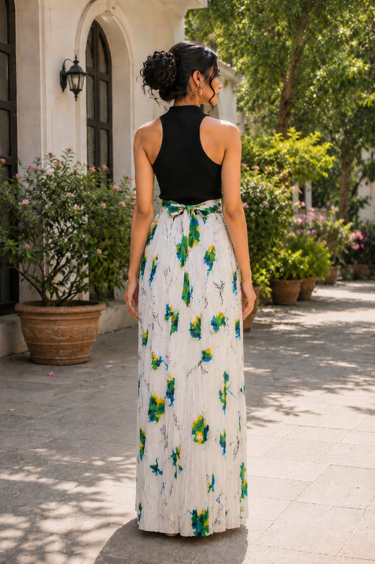 Soft pleated maxi skirt with floral watercolor print