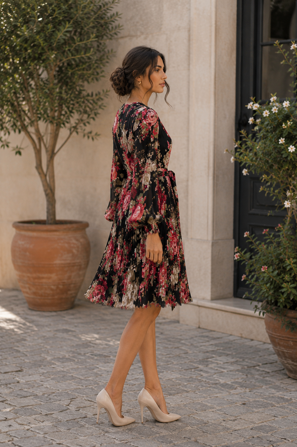 Vintage Floral Pleated Wrap Midi Dress