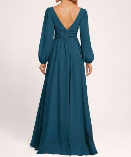 Teal Blue V Neck Draped Maxi Dress with Slit