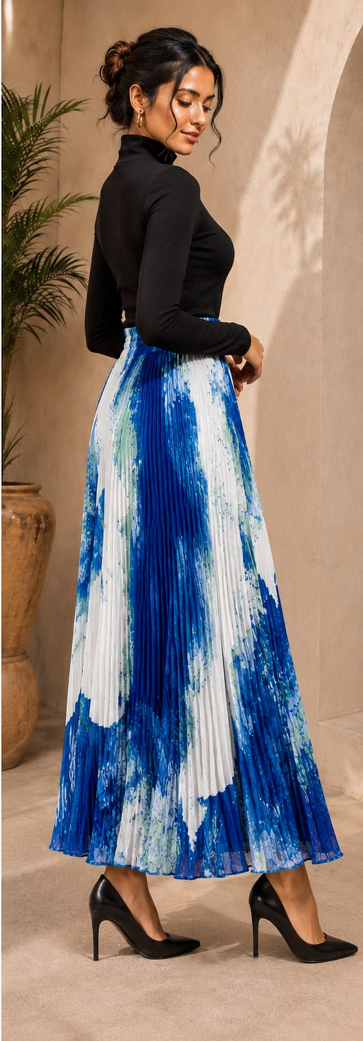 Azure Brushstroke Pleated Maxi Skirt