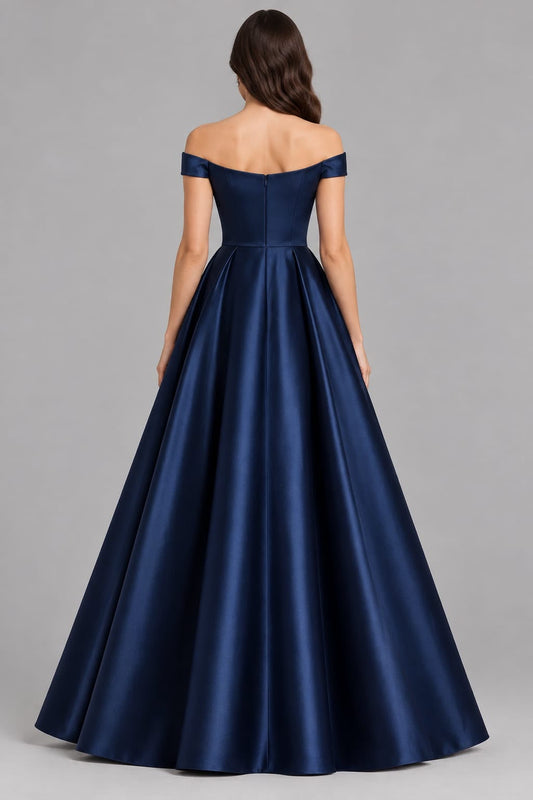 Navy Satin off shoulder Ball Gown Dress