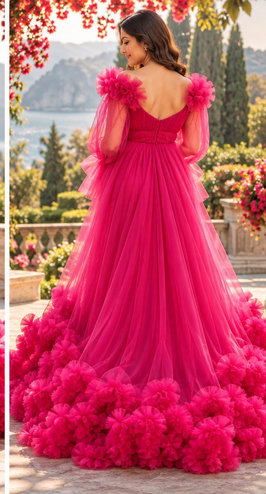 Fuchsia Pink Floral Tulle Maternity Gown