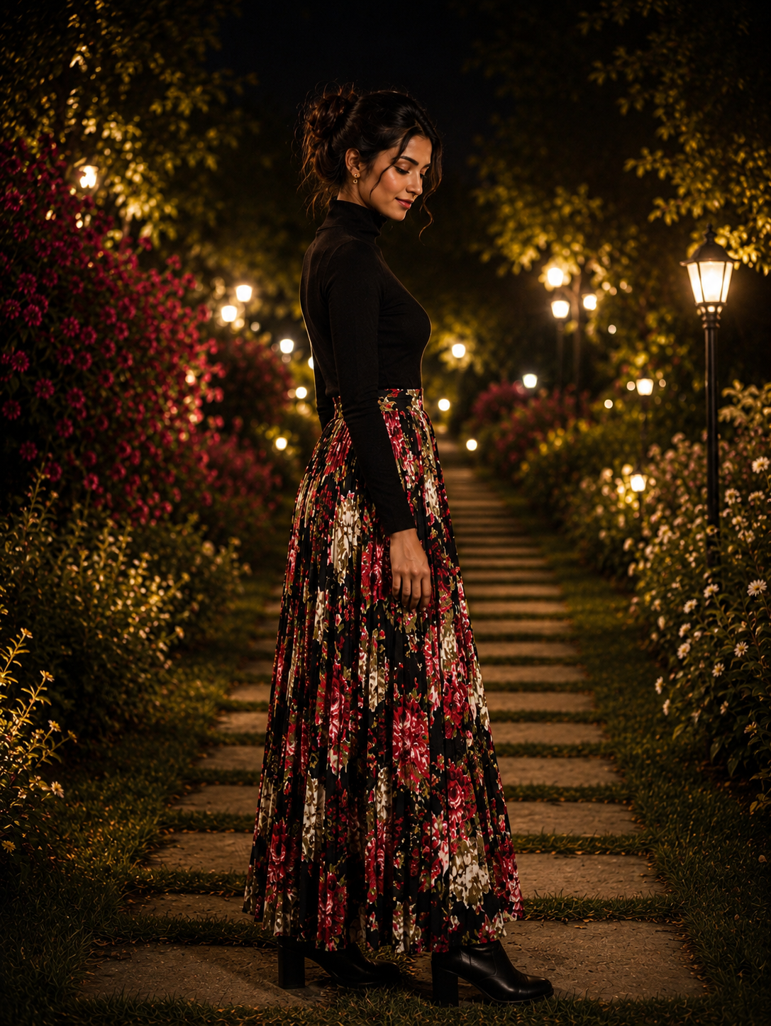 Midnight Garden Pleated Maxi Skirt