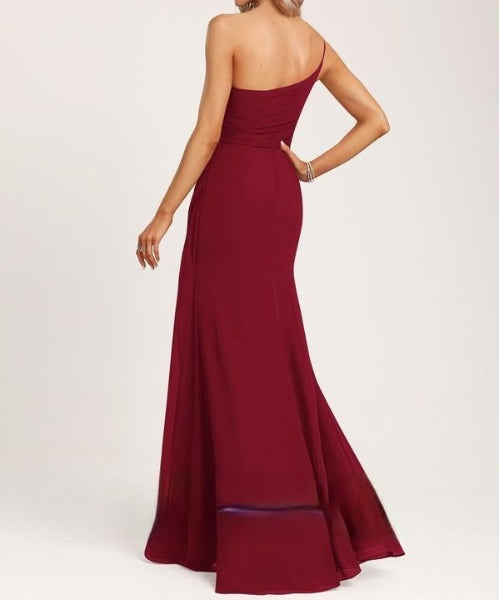 One Shoulder Cocktail Wear Maroon Draped Maxi Dress