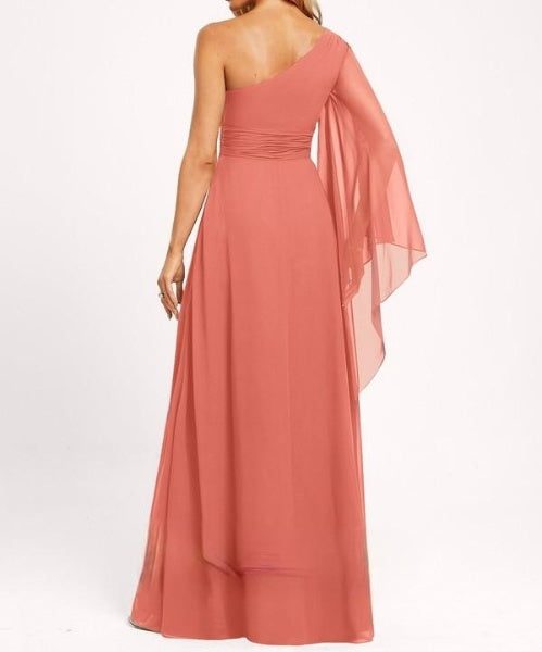 Watermelon Orange One Shoulder Occasion Wear Maxi Dress