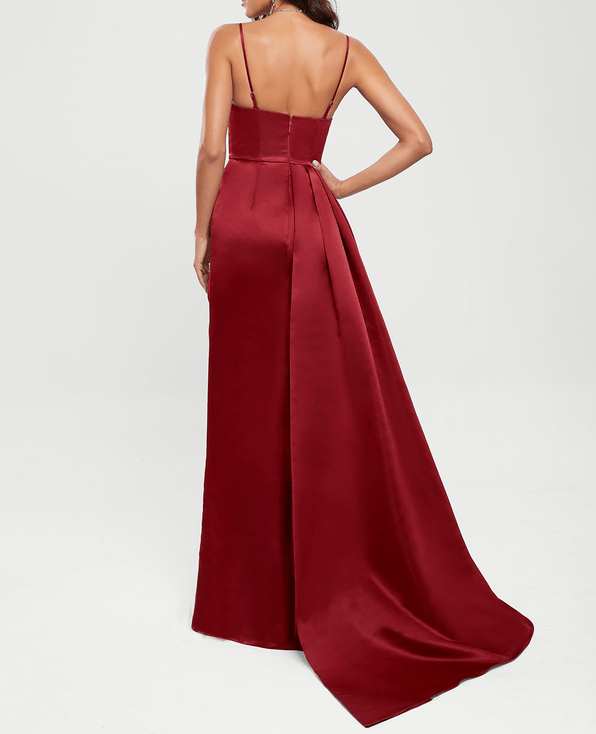 Maroon Satin Sweetheart Neckline High Slit Formal Gown