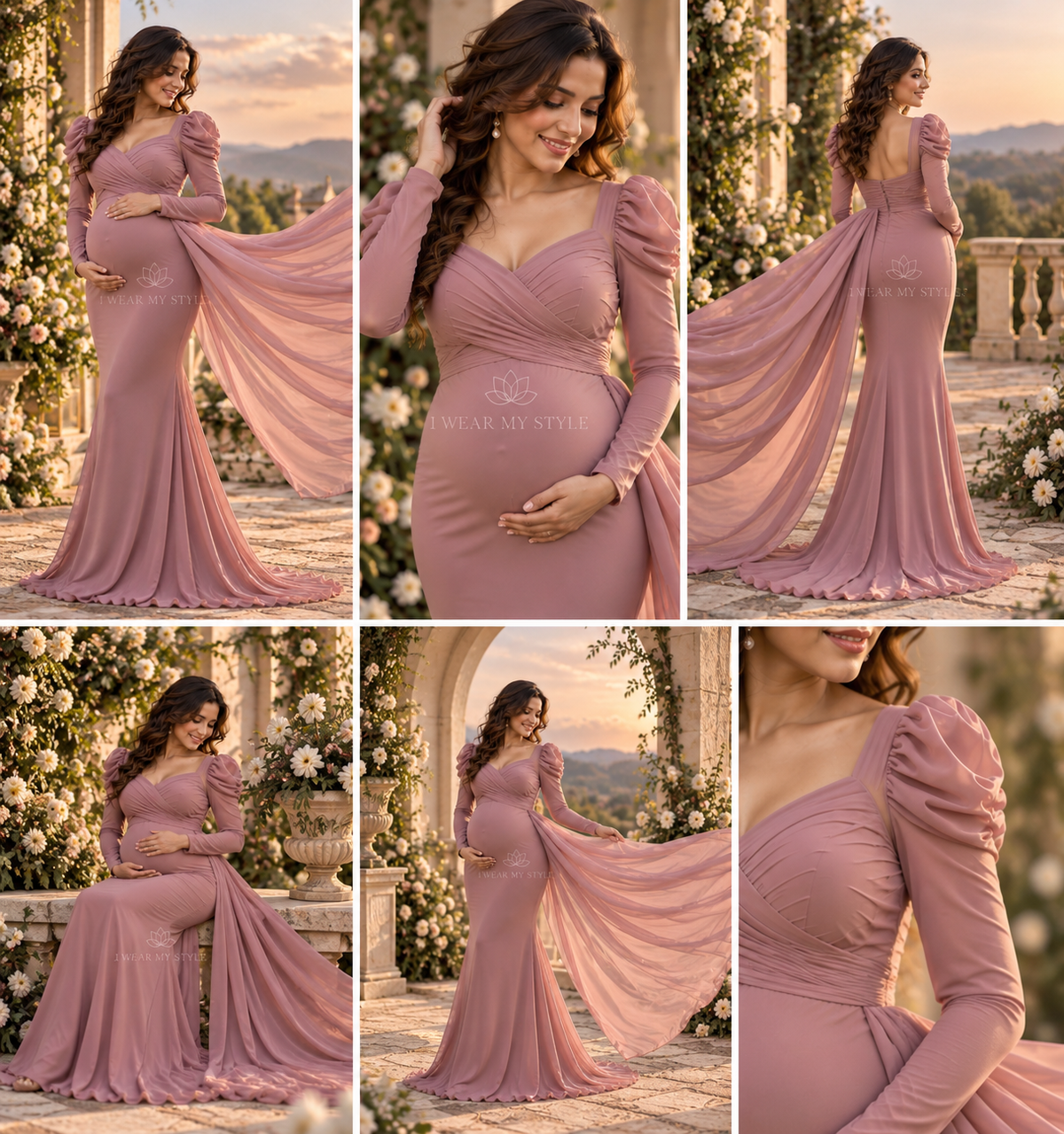 Blush Mauve Pink Maternity Dress with Ruffled Sleeves and Trail For Baby Shower And Shoots