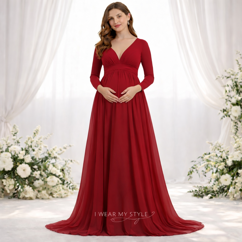 Cherry Red V Neck Full Sleeves Lycra and Georgette Baby Shower Dress