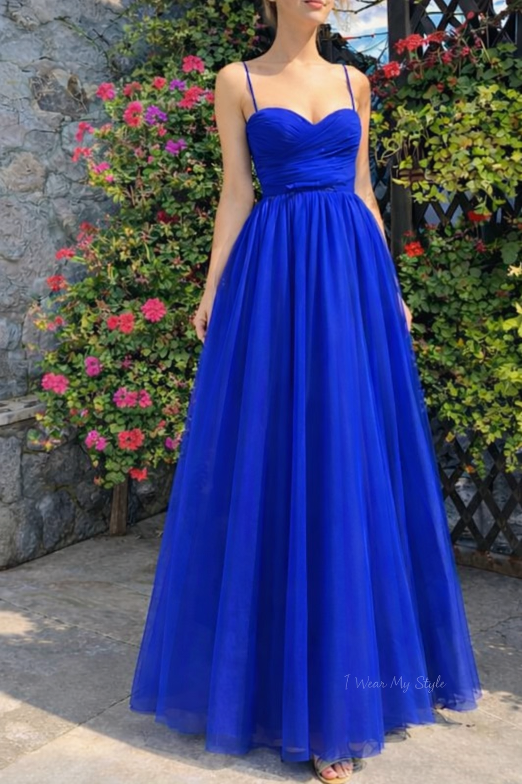 Royal Blue Sweetheart Neck Soft Net Maxi Dress