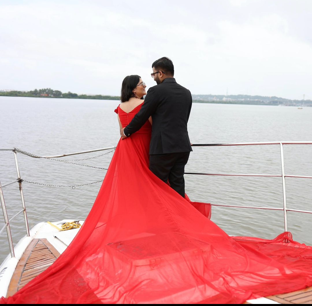 Red Prewedding Cold Shoulder Double Draped Mega Trail Gown