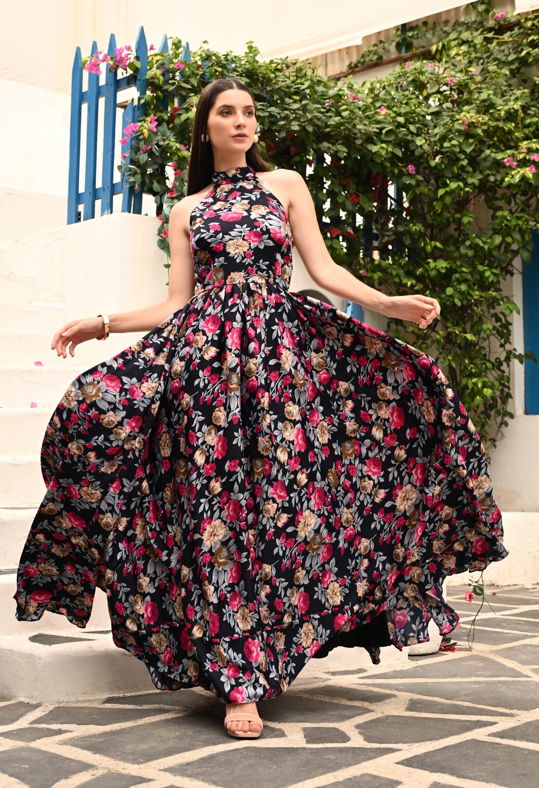Colleen High Neck Floral Crepe All Occasion Maxi Dress